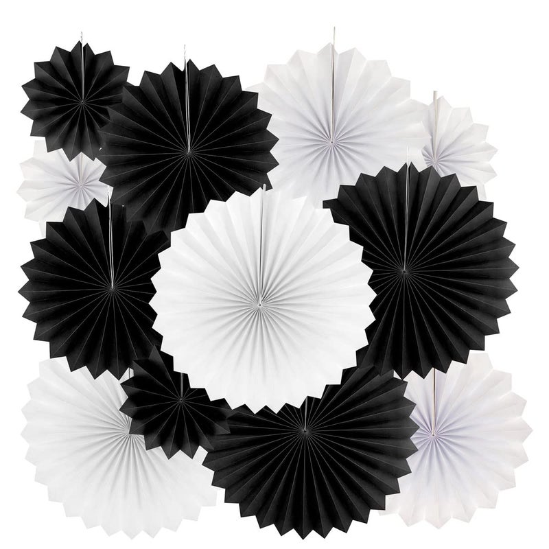 AKIO CRAFT Black White Party Hanging Paper Fans - Wedding Retirement Graduation Birthday Engagement Bridal Shower Party Ceiling Hangings Photo Booth Backdrops Decorations, 12pc - Image 1
